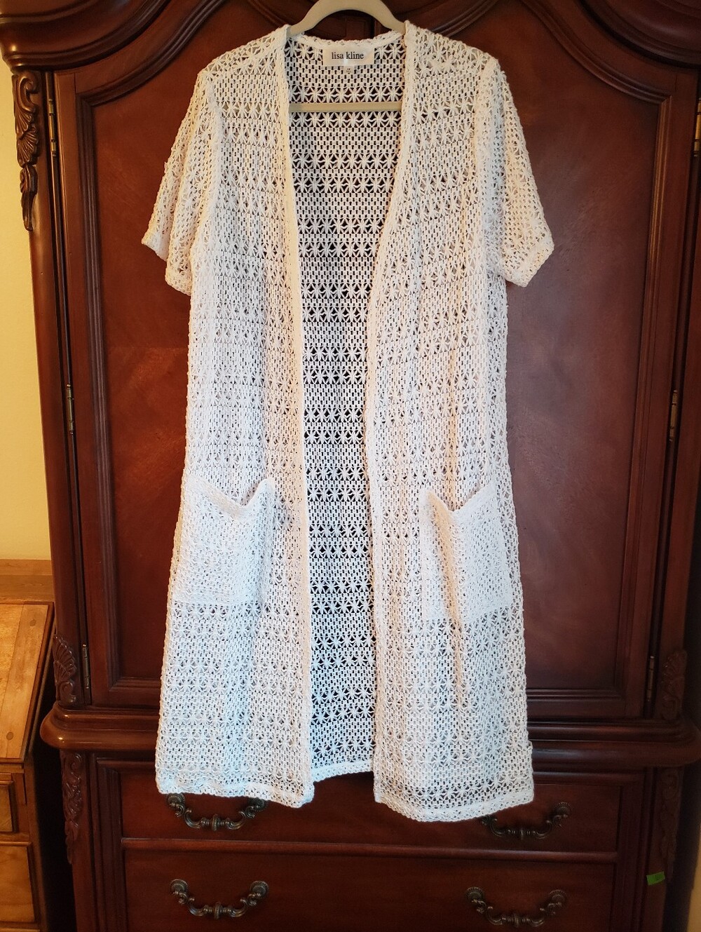 Lisa Kline White Open Front Crochet Duster Cardigan